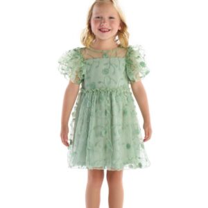 Vestido Infantil Tule Bordado Verde com Pérolas