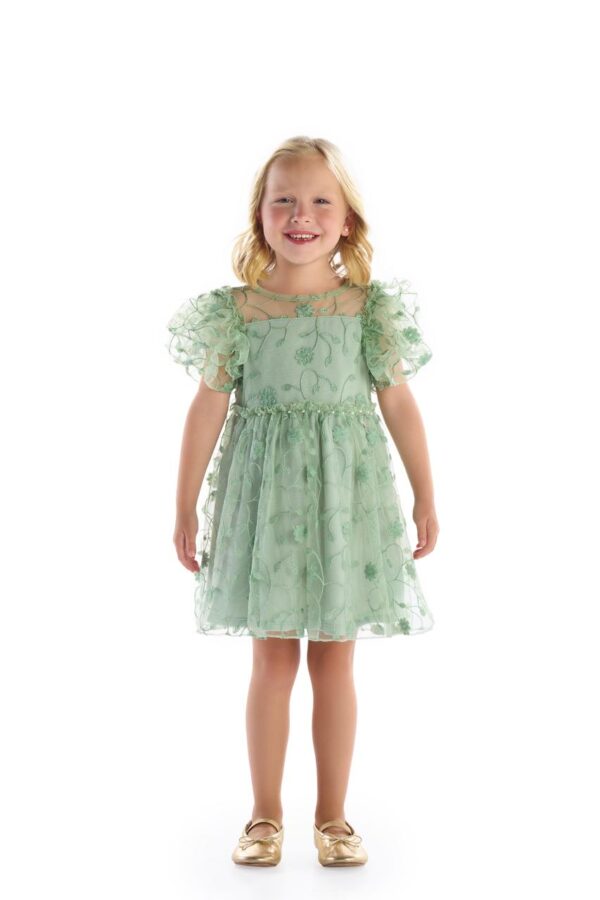 2100204 Vestido Infantil Tule Bordado Verde com Pérolas