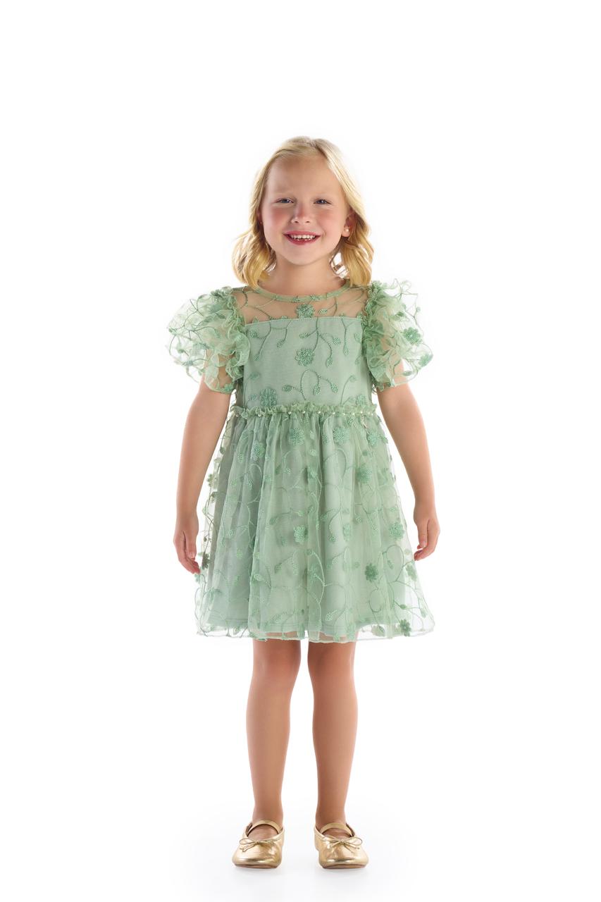 Vestido Infantil Tule Bordado Verde com Pérolas