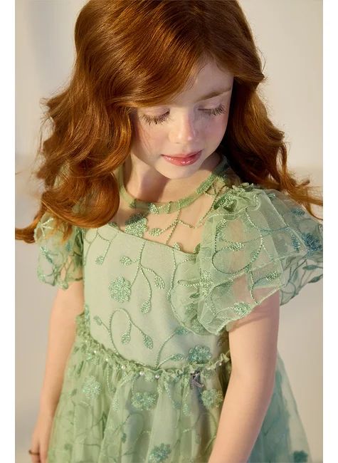 Vestido Infantil Tule Bordado Verde com Pérolas - Imagem 2