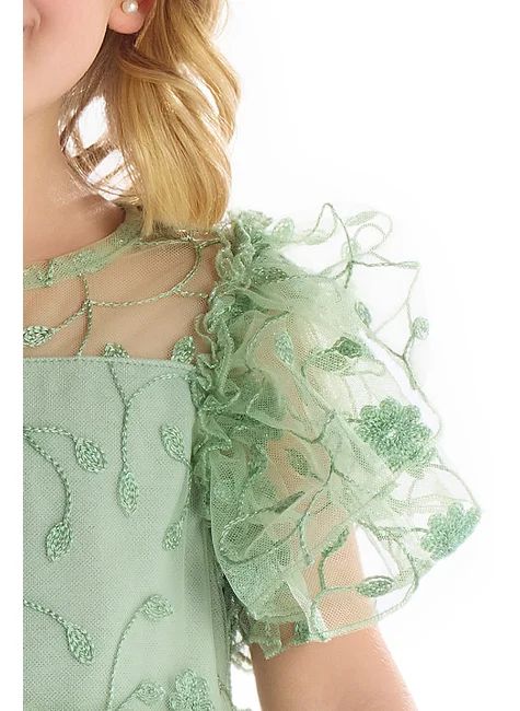Vestido Infantil Tule Bordado Verde com Pérolas - Imagem 3